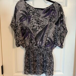 Vintage Y2K Miley Animal Print Ruffle Top Sheer Whimsy Goth Grunge Purple Size L